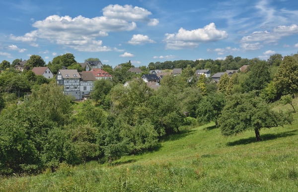 Blick auf Reichshof hinter Obstwiesen