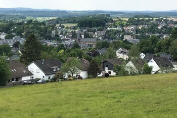 Blick auf Waldbröl hinter einem Wiesenhang