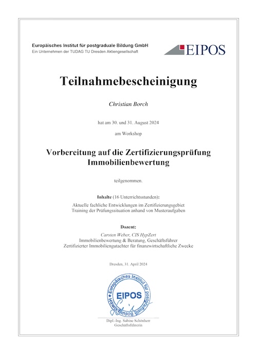 Vorbereitung auf die Zertifizierungsprüfung Immobilienbewertung, Zertifikat von EIPOS